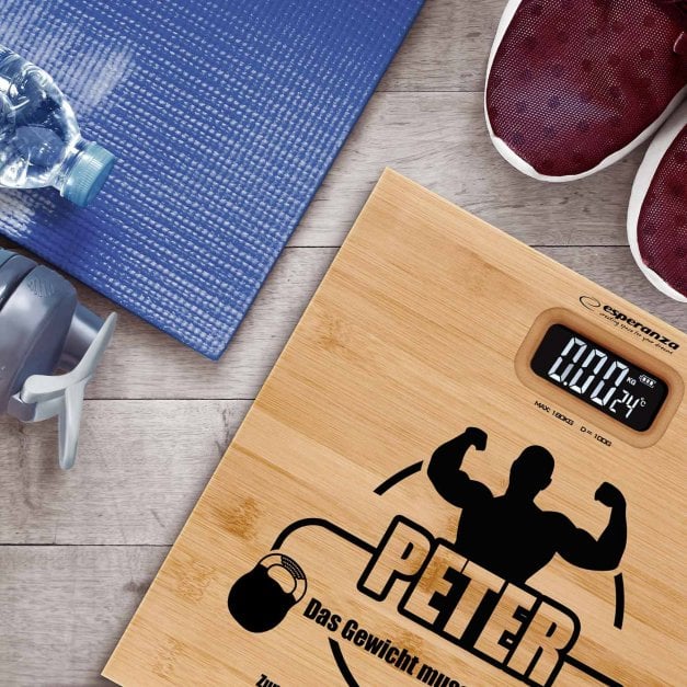 Digitale Personenwaage aus Bambus mit Aufdruck für einen Kraftsportler, Fitnessathleten zum Geburtstag