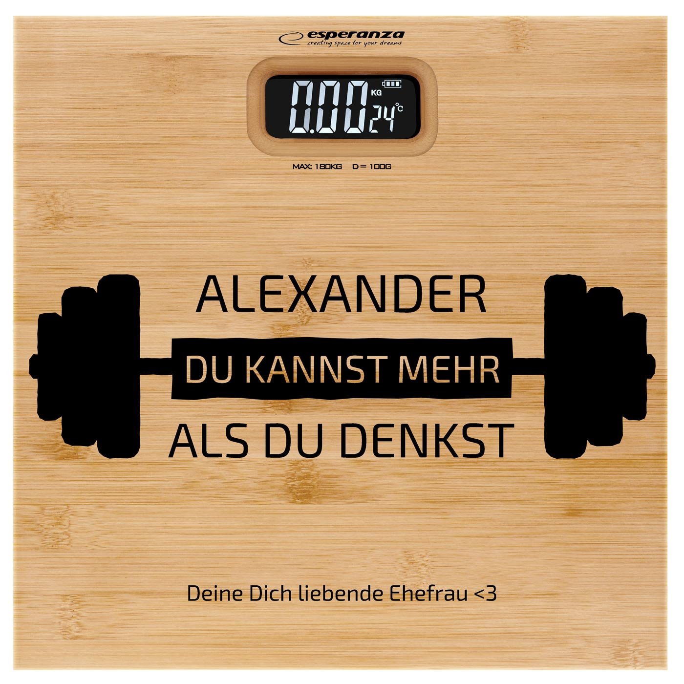 Digitale Personenwaage aus Bambus mit Aufdruck für eine Bodybuilderin, Hardgainerin