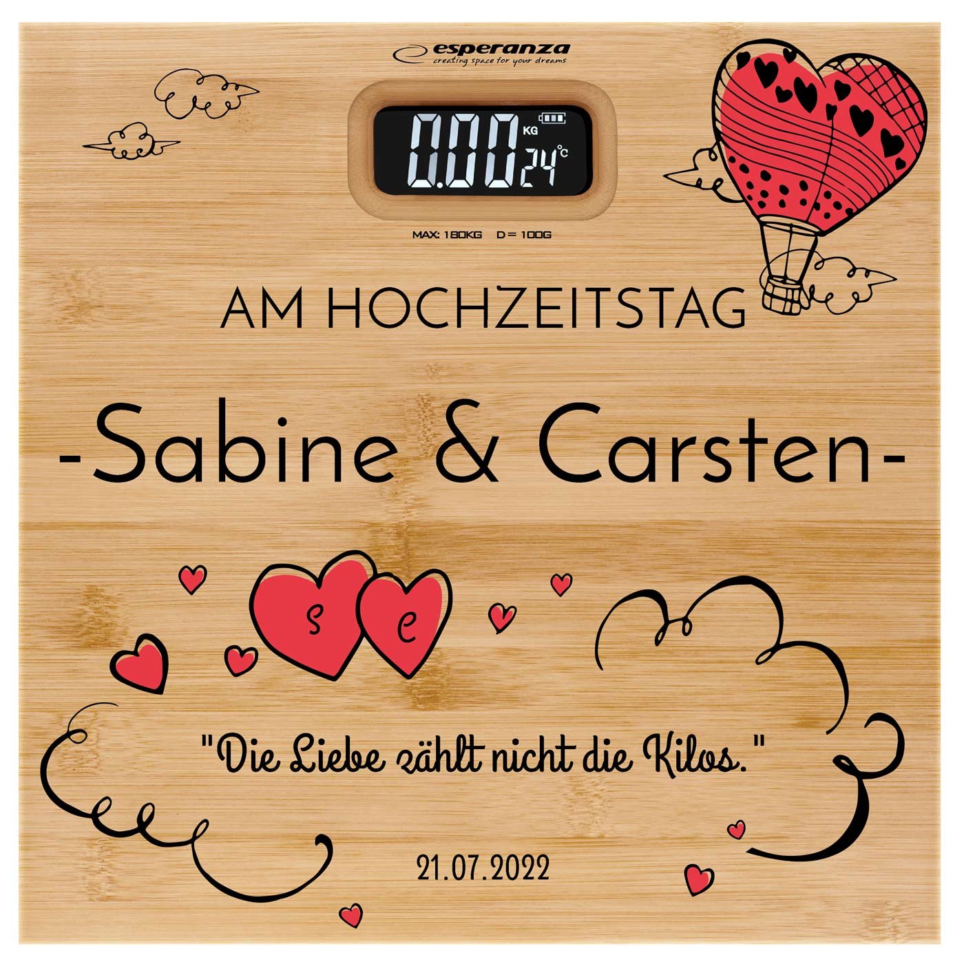 Digitale Personenwaage aus Bambus mit Aufdruck für ein Brautpaar zur Hochzeit