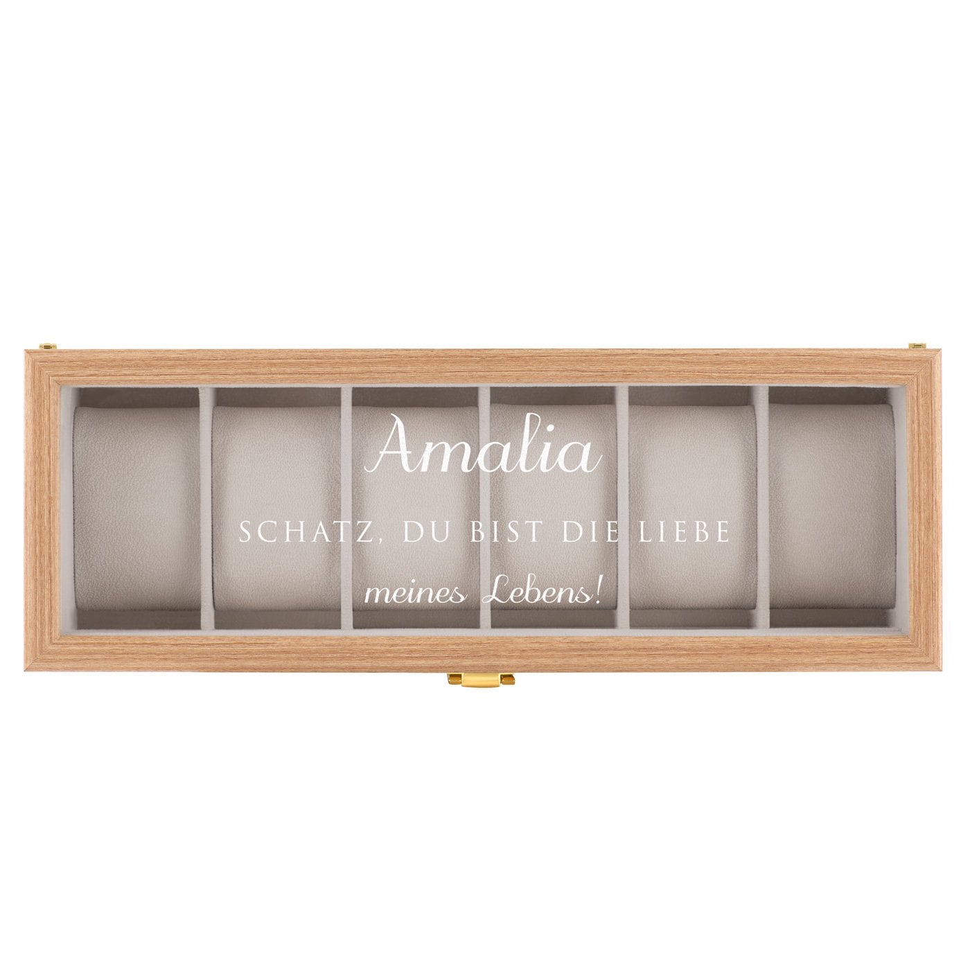 Uhrenbox aus Holz für 6 Uhren mit Gravur für Ihre Ehefrau zum 5. Hochzeitstag