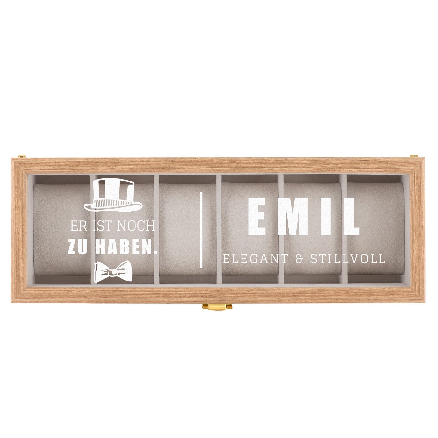 Uhrenbox aus Holz für 6 Uhren mit Gravur für einen Junggesellen Single