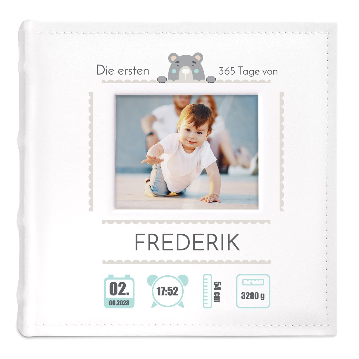 Einsteck Fotoalbum mit Sichtfenster und Aufdruck für einen Jungen zur Geburt
