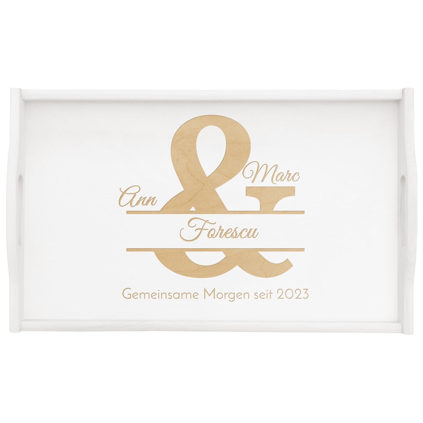 Klappbares Frühstückstablett aus Kiefernholz mit Gravur Weiß für ein Paar zur Hochzeit zum Hochzeitstag zur Hauseinweihung