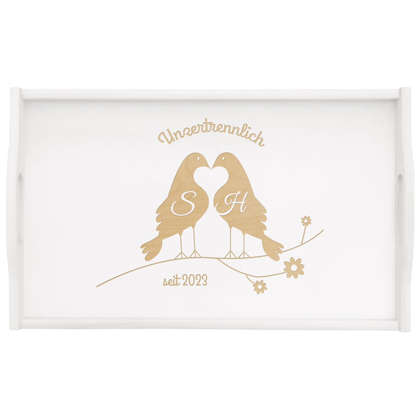 Klappbares Frühstückstablett aus Kiefernholz mit Gravur Weiß für ein Paar zur Hochzeit zum Hochzeitstag zur Einweihung