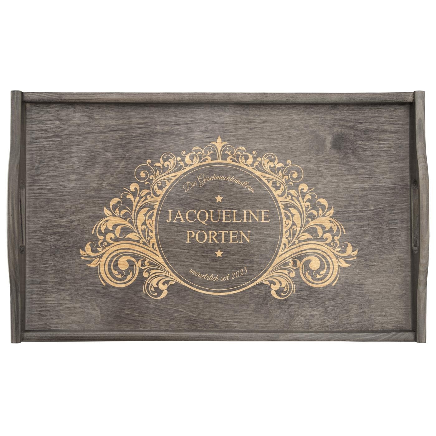 Klappbarer Tablettisch aus Kiefernholz mit Gravur Grau für sie