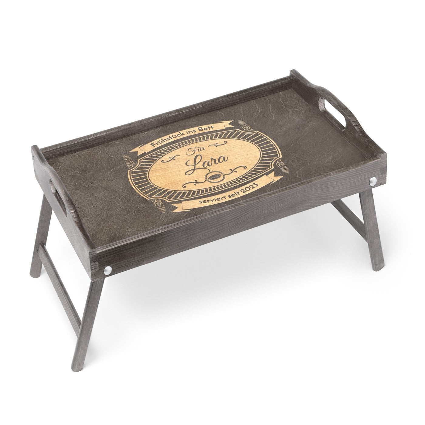 Klappbarer Tablettisch aus Kiefernholz mit Gravur Grau für Ihre Ehefrau zum Hochzeitstag