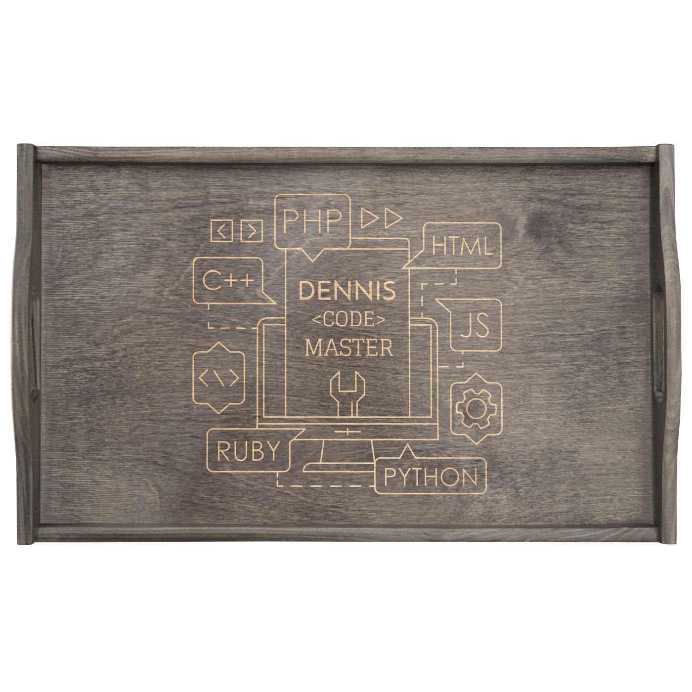 Klappbarer Tablettisch aus Kiefernholz mit Gravur Grau für einen Informatiker zum Ehrentag