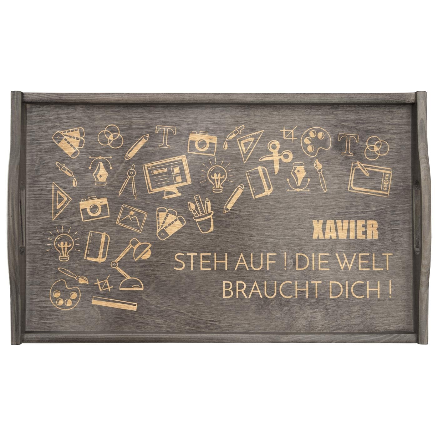 Klappbarer Tablettisch aus Kiefernholz mit Gravur Grau für ihn zum Ehrentag