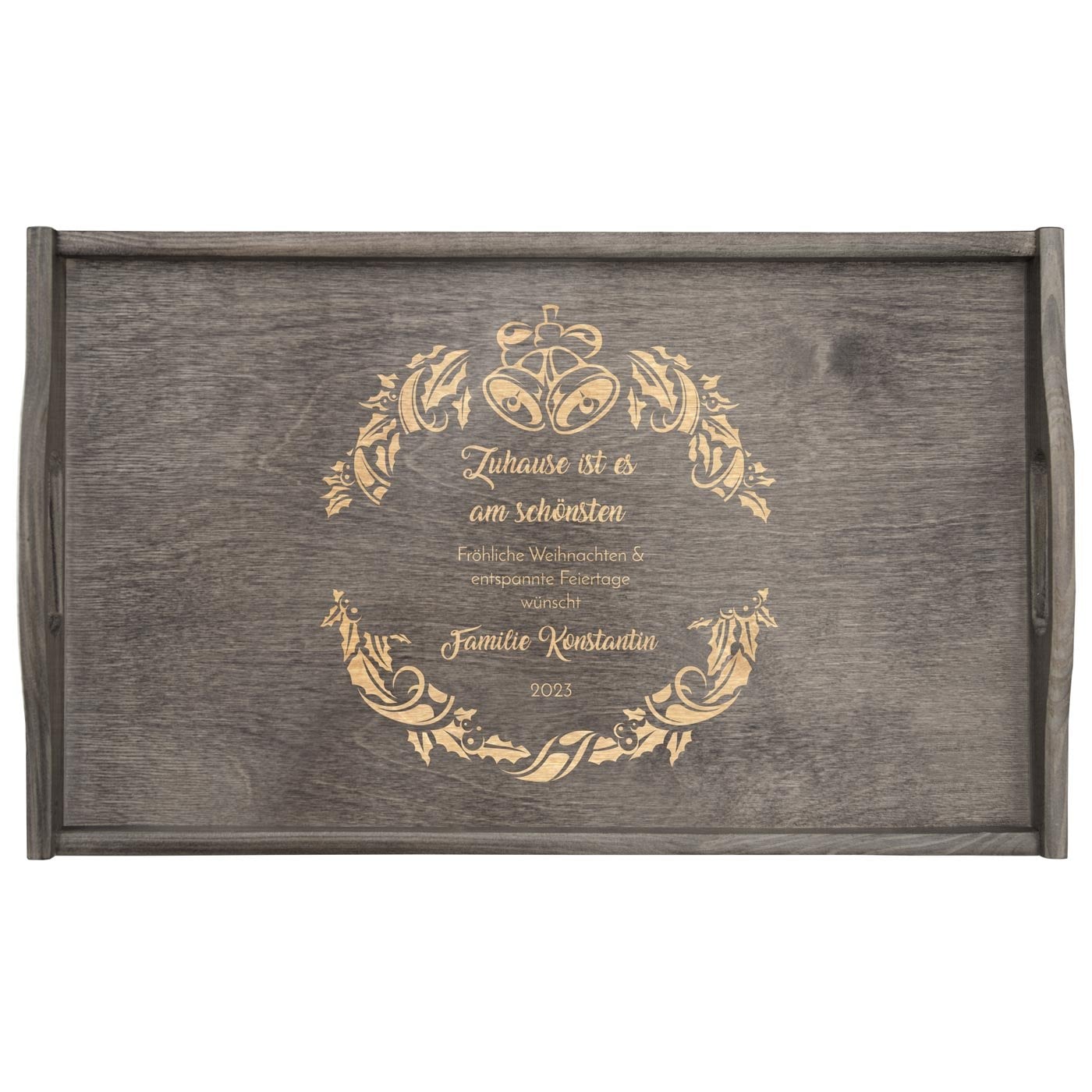 Klappbarer Tablettisch aus Kiefernholz mit Gravur Grau zu Weihnachten