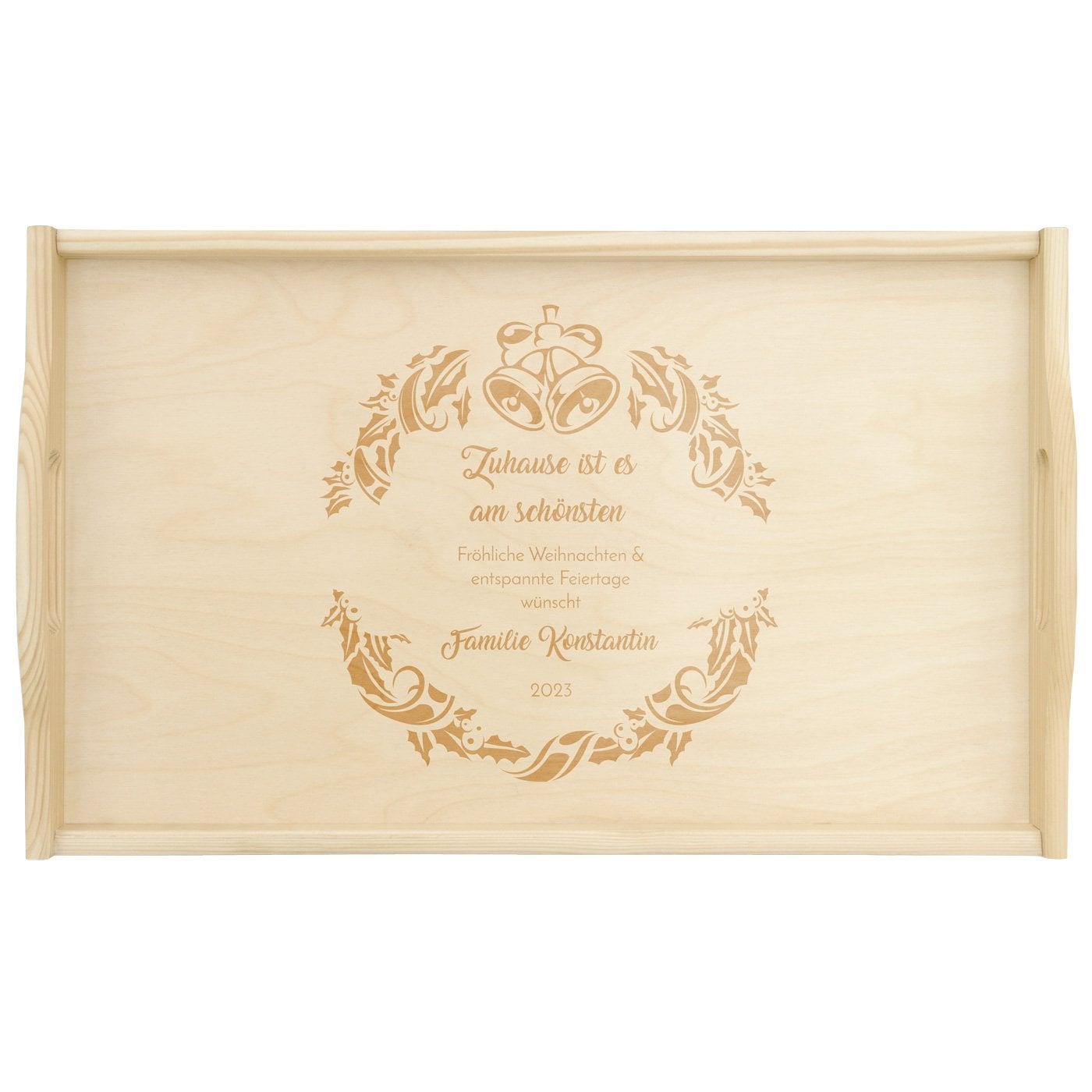 Klappbares Betttablett aus Kiefernholz mit Gravur Natur zu Weihnachten