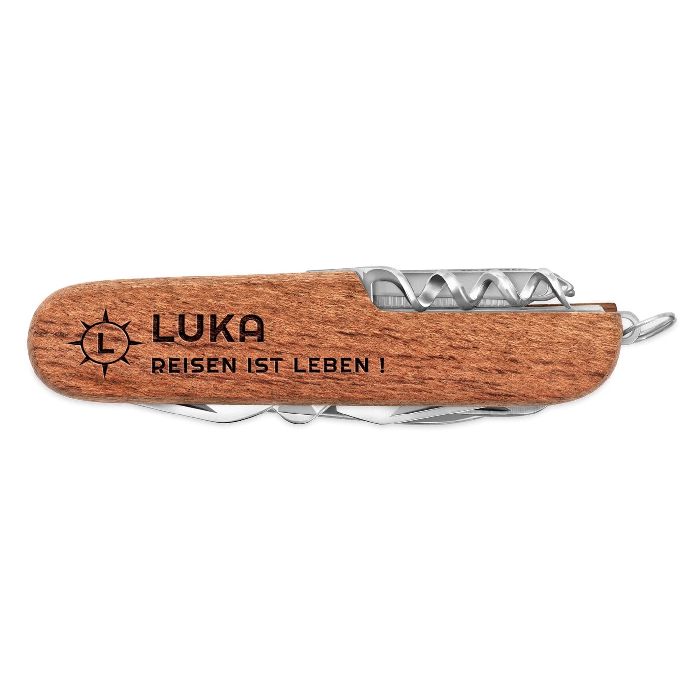 Holz Taschenmesser mit Gravur für einen Globetrotter