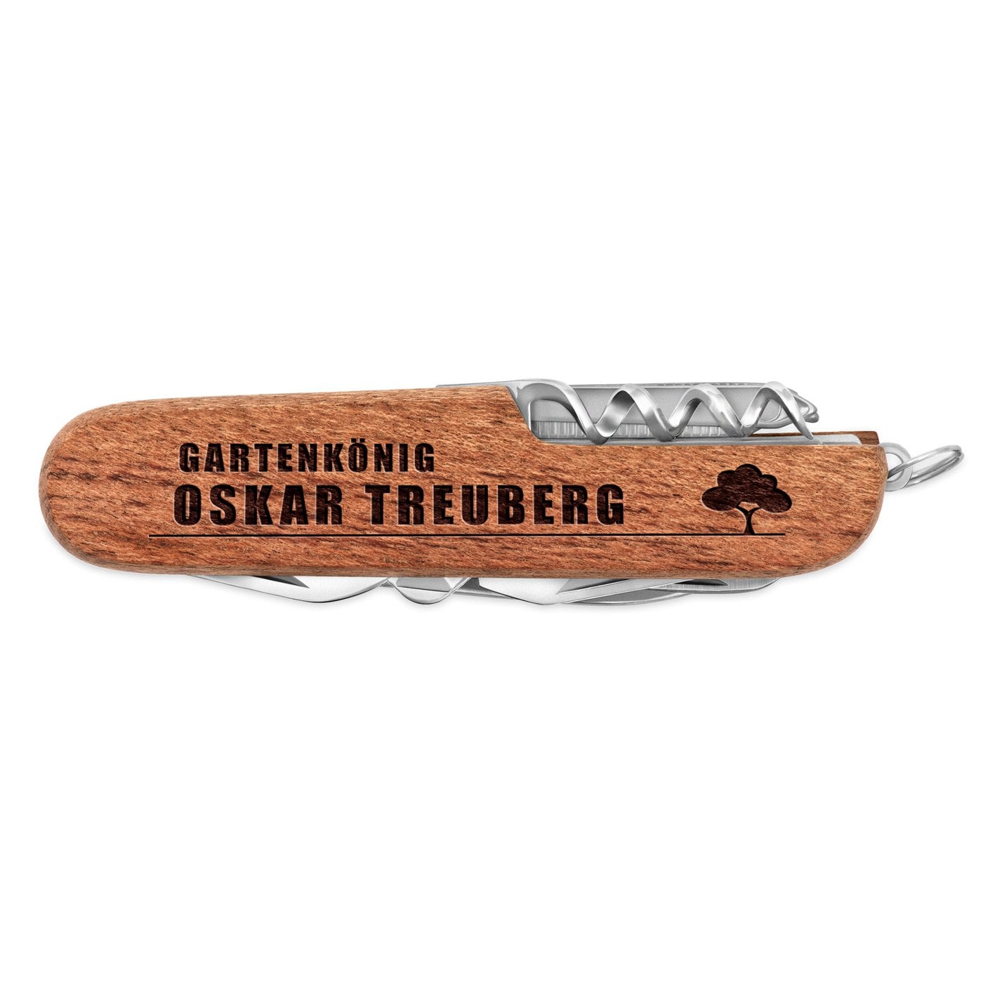 Holz Taschenmesser mit Gravur für einen pensionierten Gärtner