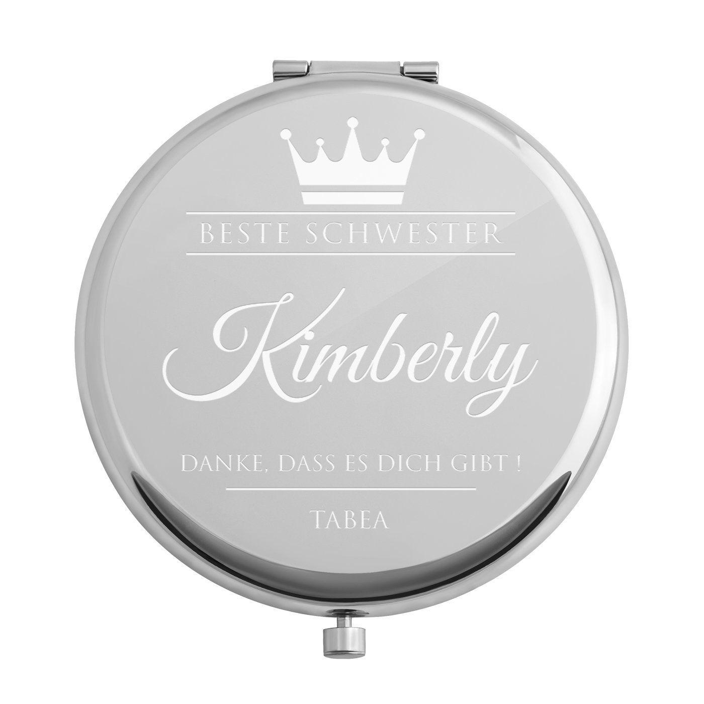 Runder Taschenspiegel mit Gravur Silber für Ihre Schwester zum Geburtstag, als Hochzeitsdankeschön