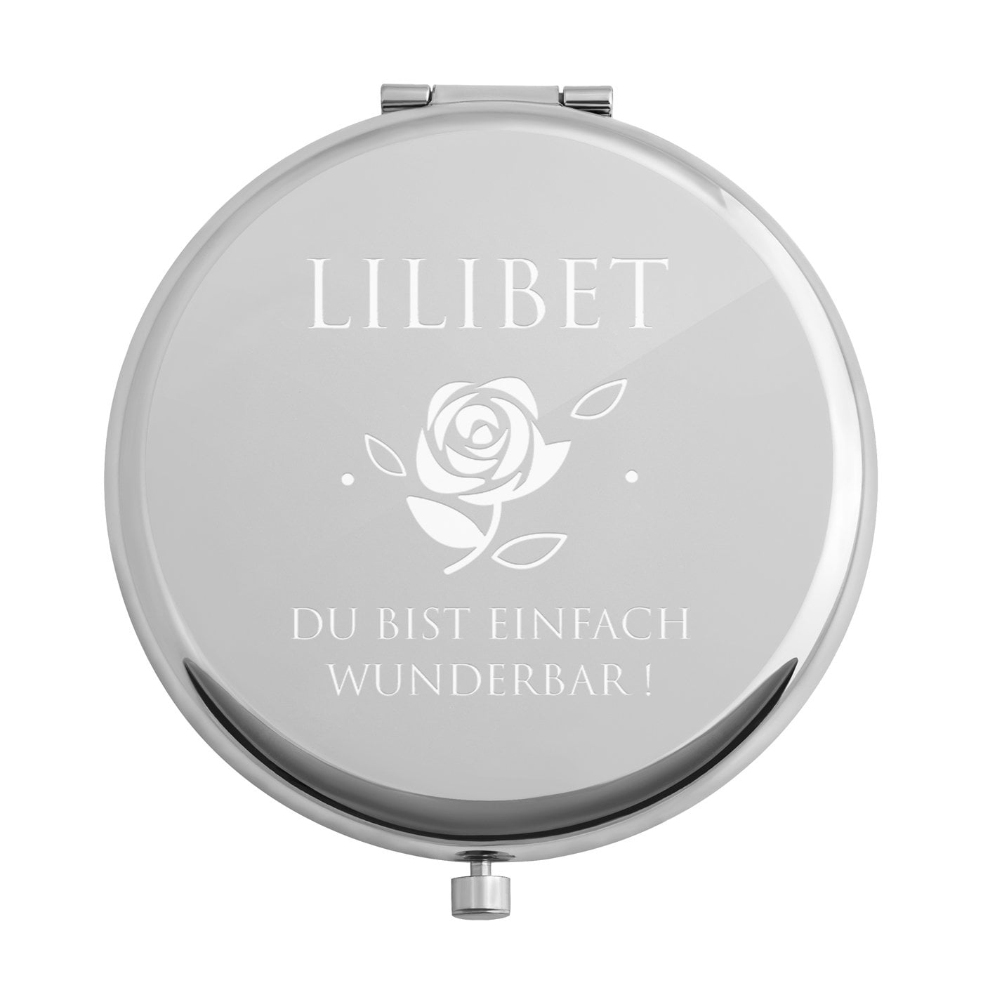 Runder Taschenspiegel mit Gravur Silber für sie zum Geburtstag Rose