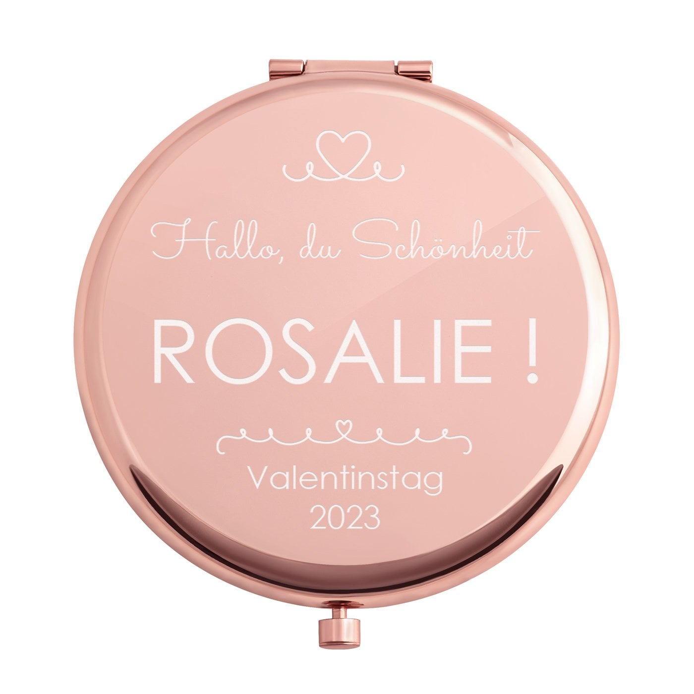 Runder Taschenspiegel mit Gravur Rosegold für sie, eine Frau zum Valentinstag