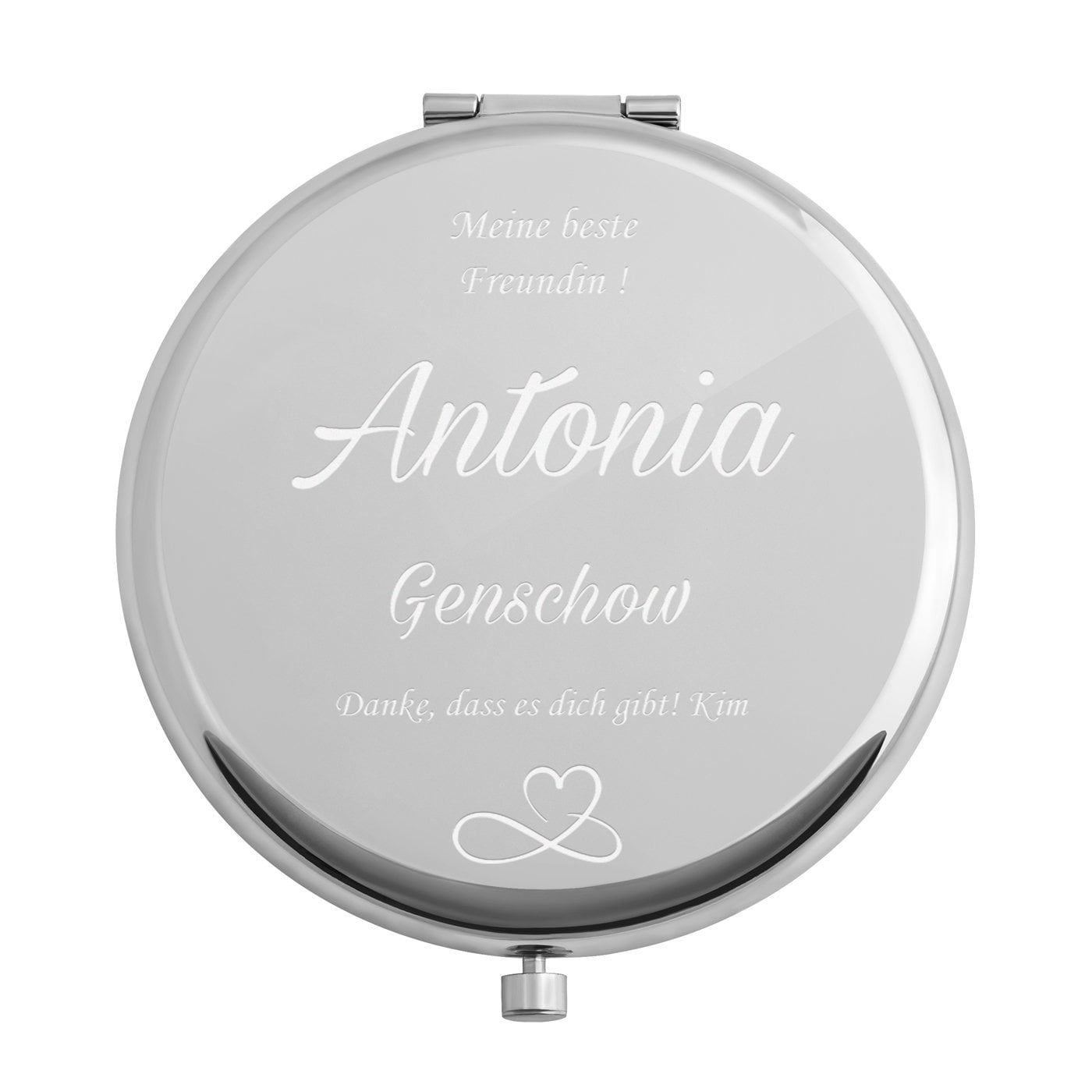 Runder Taschenspiegel mit Gravur Silber für Ihre Freundin zum Geburtstag, als Hochzeitsdankeschön