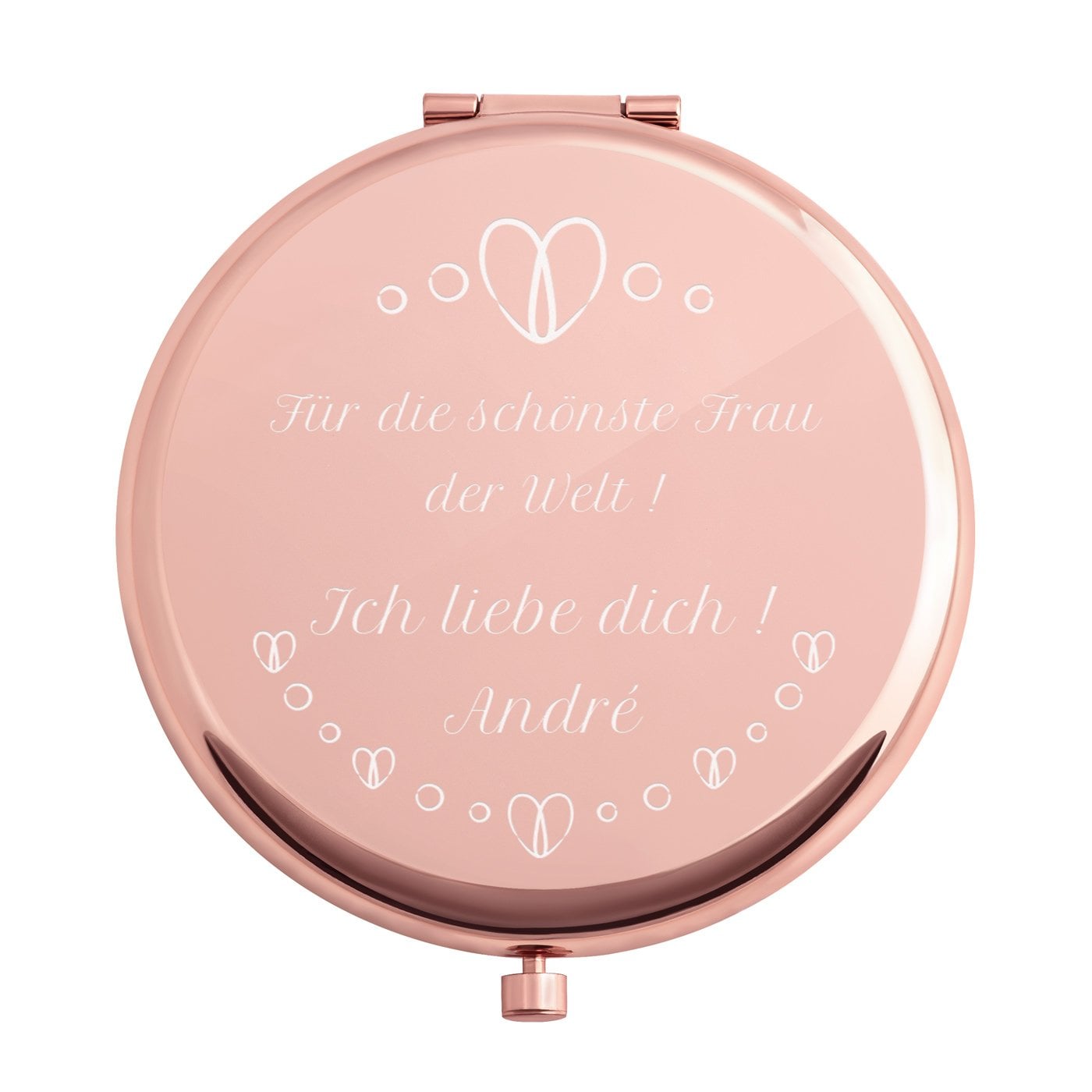 Runder Taschenspiegel mit Gravur Rosegold für sie zum Valentinstag, Frauentag