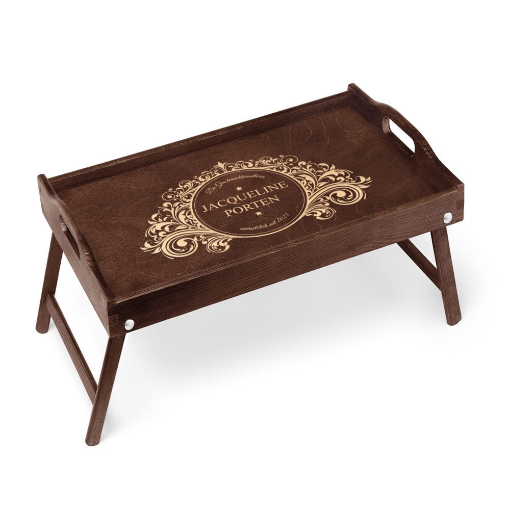 Klappbarer Tabletttisch aus Kiefernholz mit Gravur Dunkelbraun für sie
