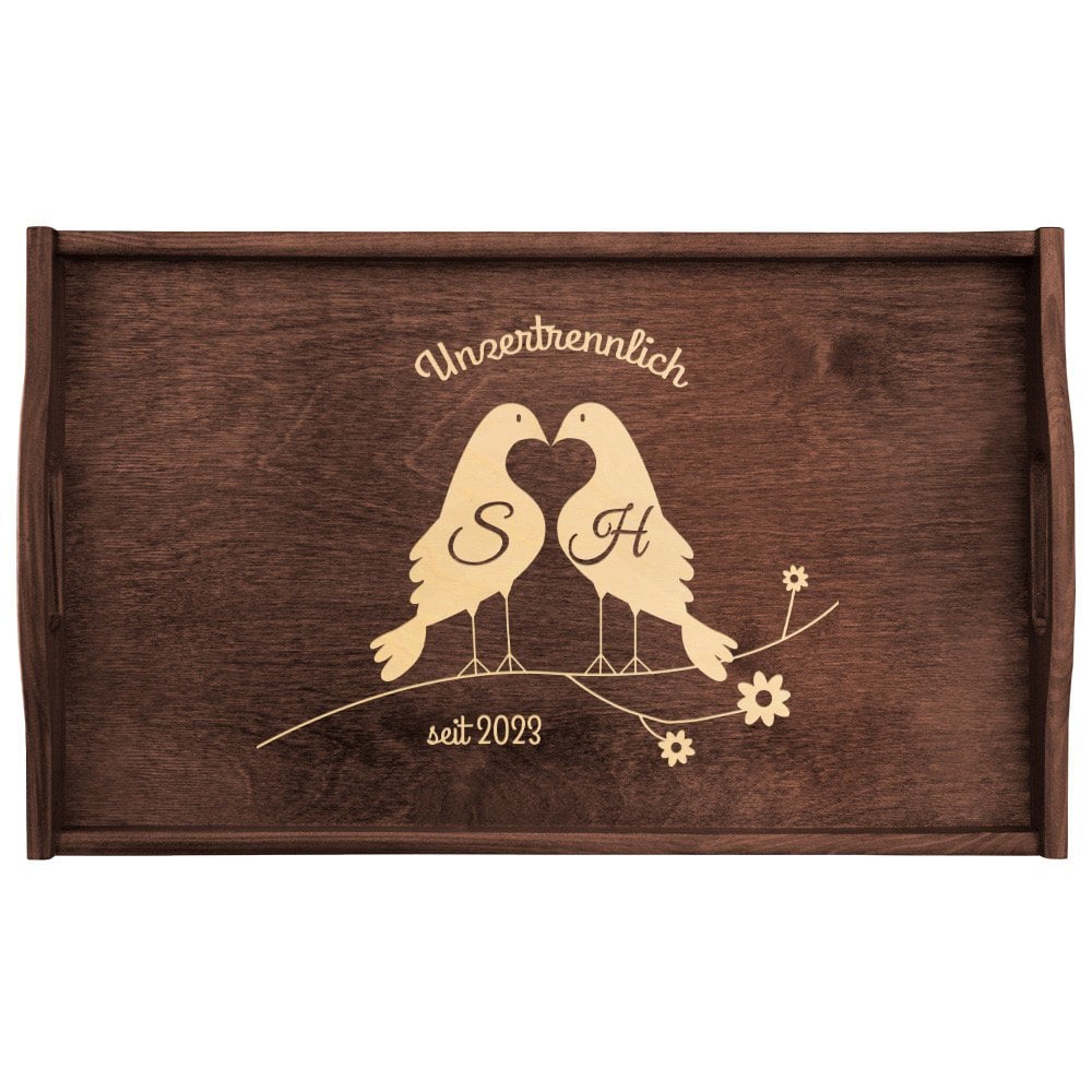 Klappbarer Tabletttisch aus Kiefernholz mit Gravur Dunkelbraun für ein Liebespaar zur Trauung zum Hochzeitstag zur Einweihung