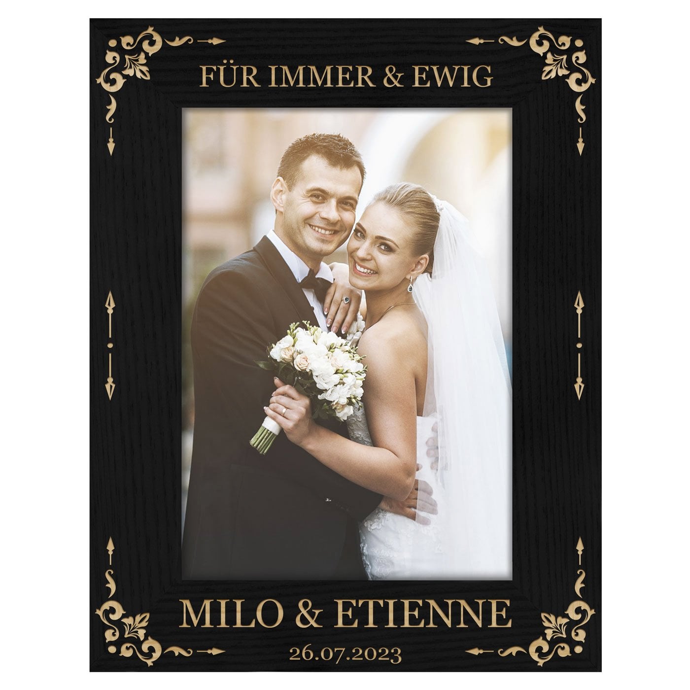 Schwarzer Fotorahmen mit Gravur für ein Paar zur Hochzeit