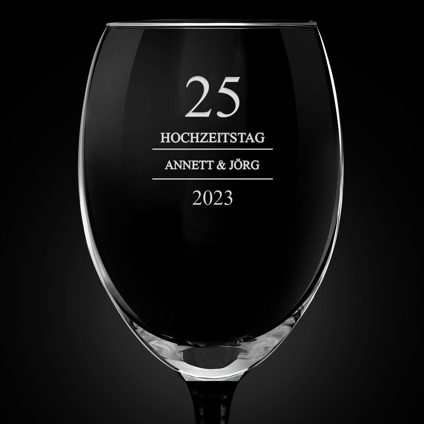 Onyx 6er Weingläser Set mit Gravur und schwarzem Stiel für ein Ehepaar zum 25. Hochzeitstag