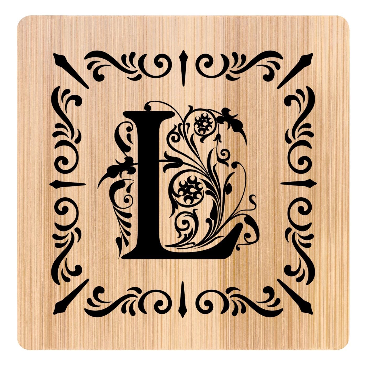 6er Holzuntersetzer-Set mit aufgedruckter Initiale Ornament