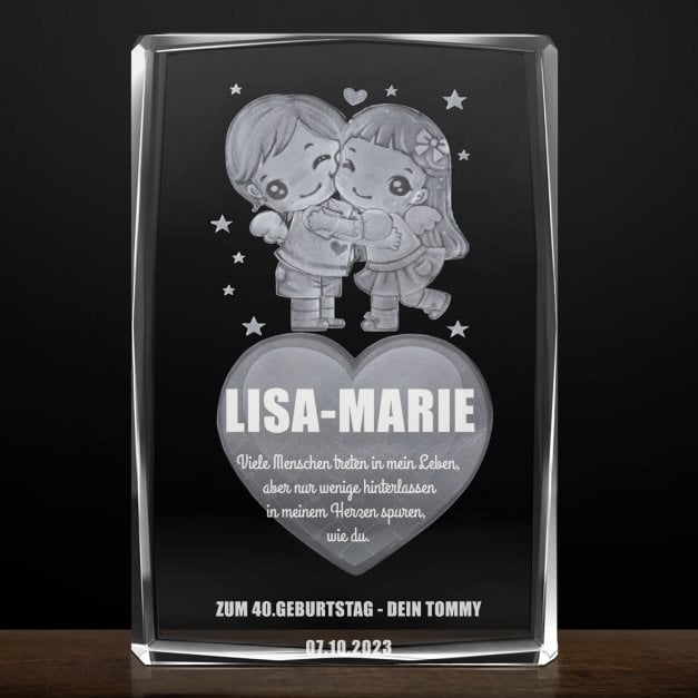Glas-Statuette Herz-Pärchen mit 3D-Gravur zum 40. Geburtstag