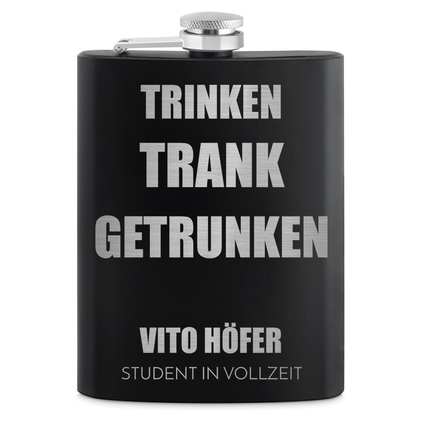 Schwarzer Flachmann mit 4 Schnapsbechern und Gravur für einen Geschichtsstudenten und -wissenschaftler