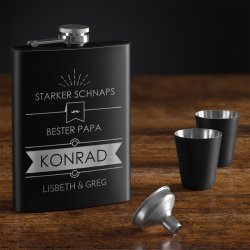 Schwarzer Flachmann mit 4 Schnapsbechern und Gravur für Ihren Papa