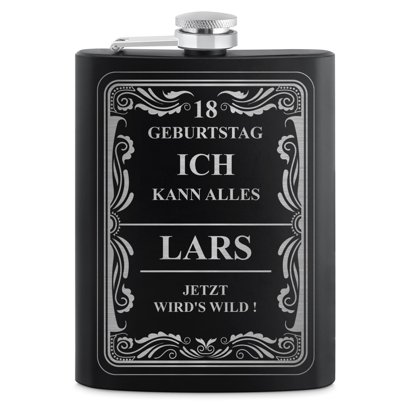 Schwarzer Flachmann mit 4 Schnapsbechern und Gravur für ihn zum 18. Geburtstag