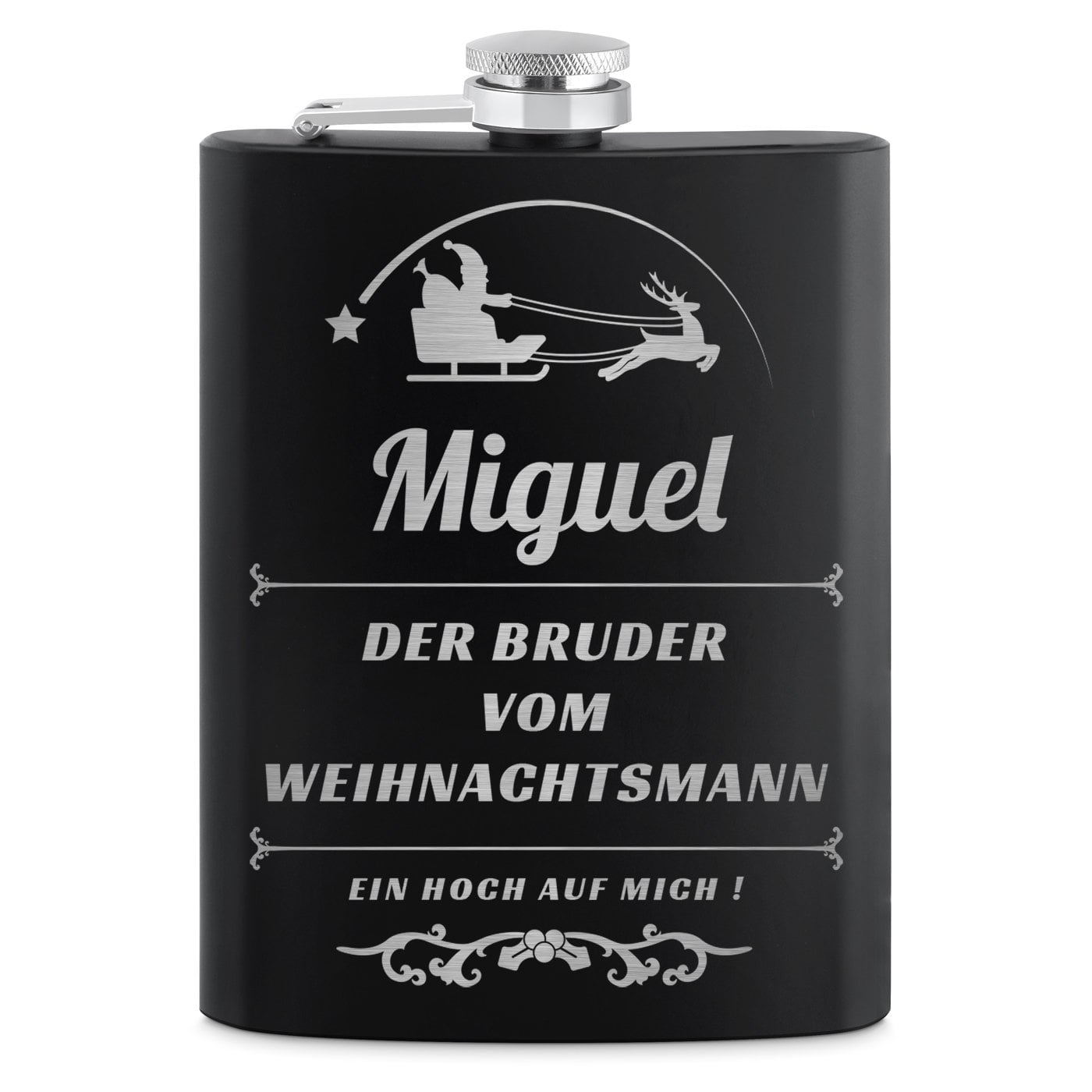 Schwarzer Flachmann mit 4 Schnapsbechern und Gravur für Ihren Bruder zu Weihnachten
