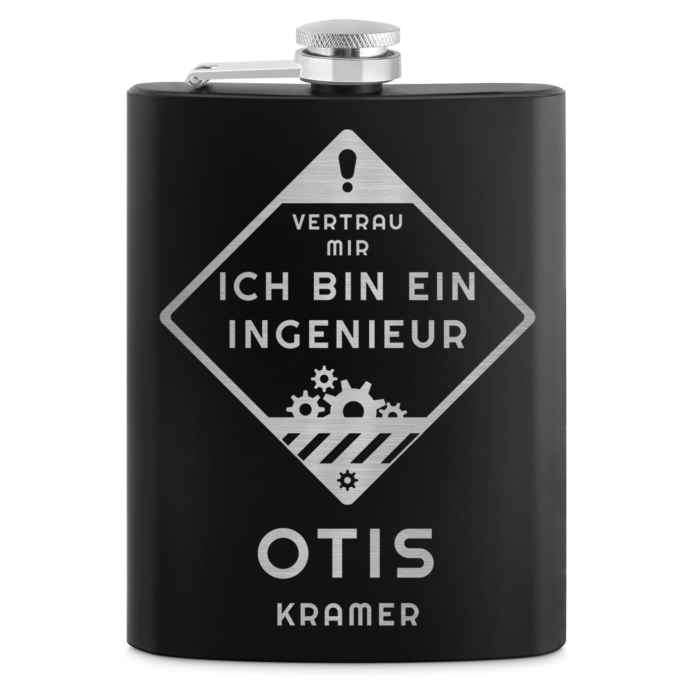 Schwarzer Flachmann mit 4 Schnapsbechern und Gravur für einen Ingenieur