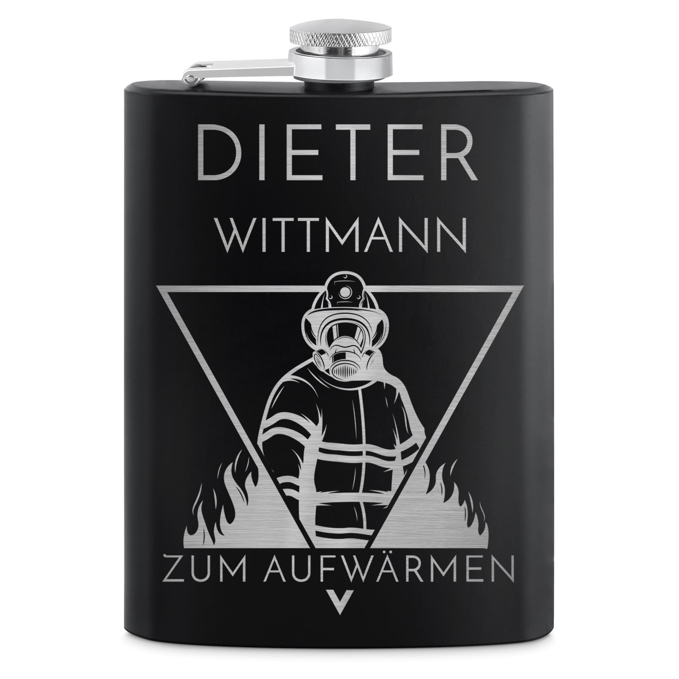 Schwarzer Flachmann mit 4 Schnapsbechern und Gravur für einen Feuerwehrmann