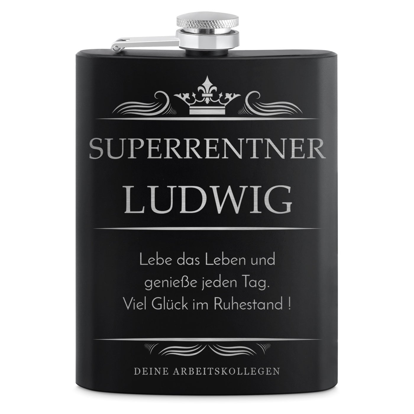Schwarzer Flachmann mit 4 Schnapsbechern und Gravur für einen Arbeitskollegen Rentner