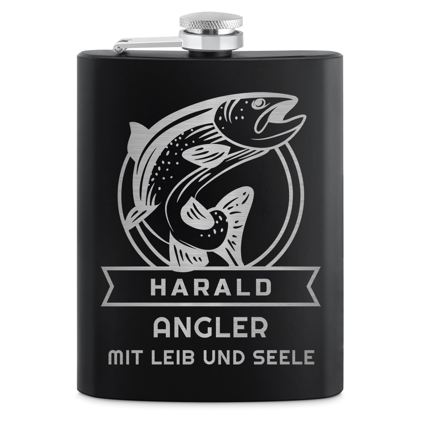 Schwarzer Flachmann mit 4 Schnapsbechern und Gravur für einen Angler