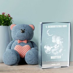 Glas-Statuette Pärchen Rose Mond mit 3D-Gravur zum 1. Geburtstag