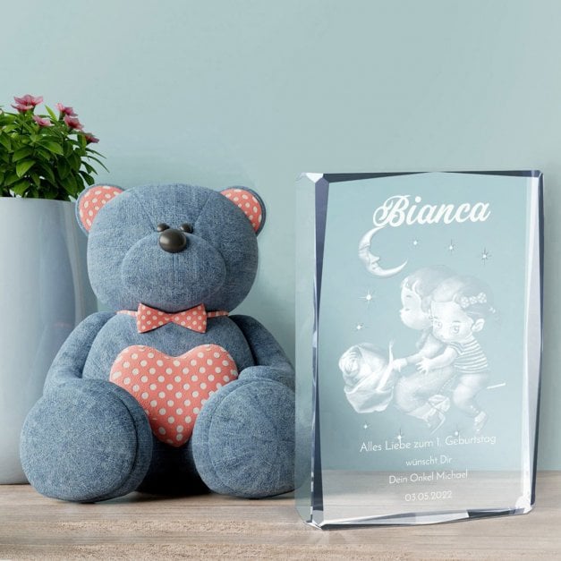 Glas-Statuette Pärchen Rose Mond mit 3D-Gravur für ein Mädchen zum 1. Geburtstag