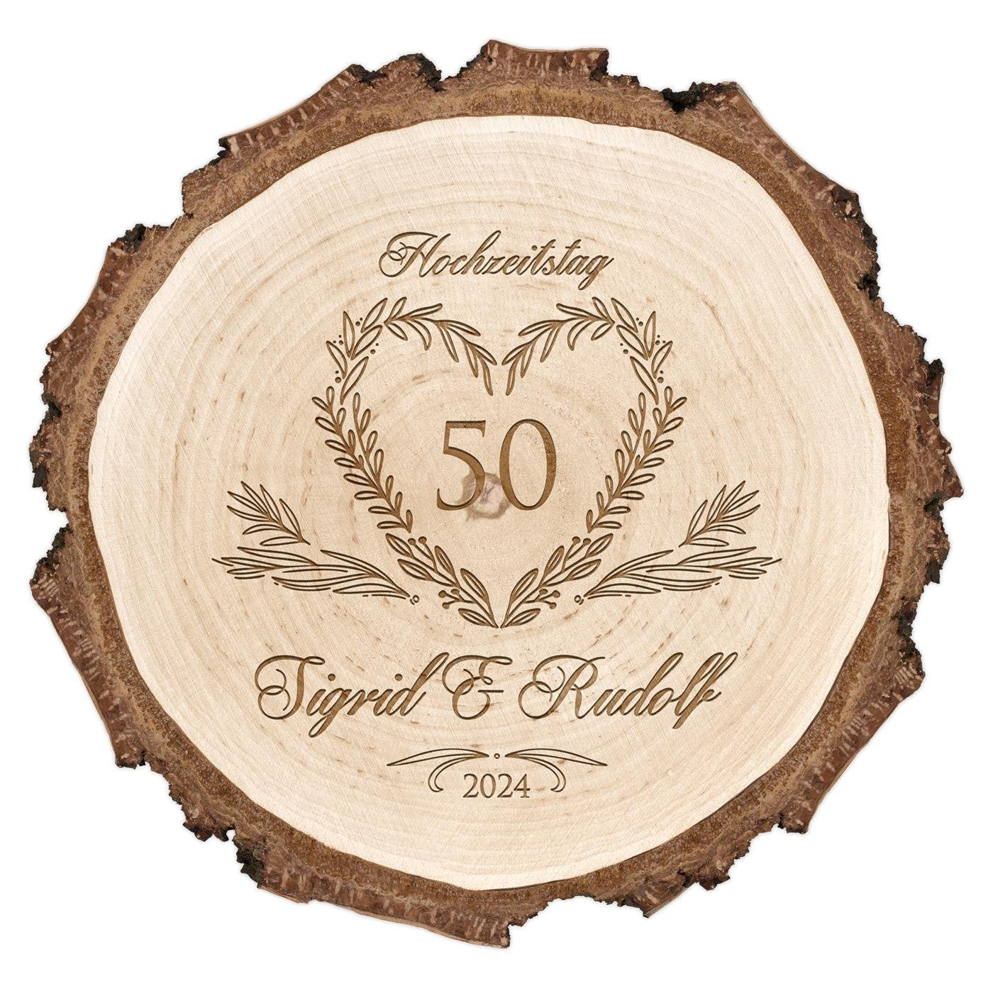 Holzscheibe mit Gravur für ein Paar zum 50. Hochzeitstag
