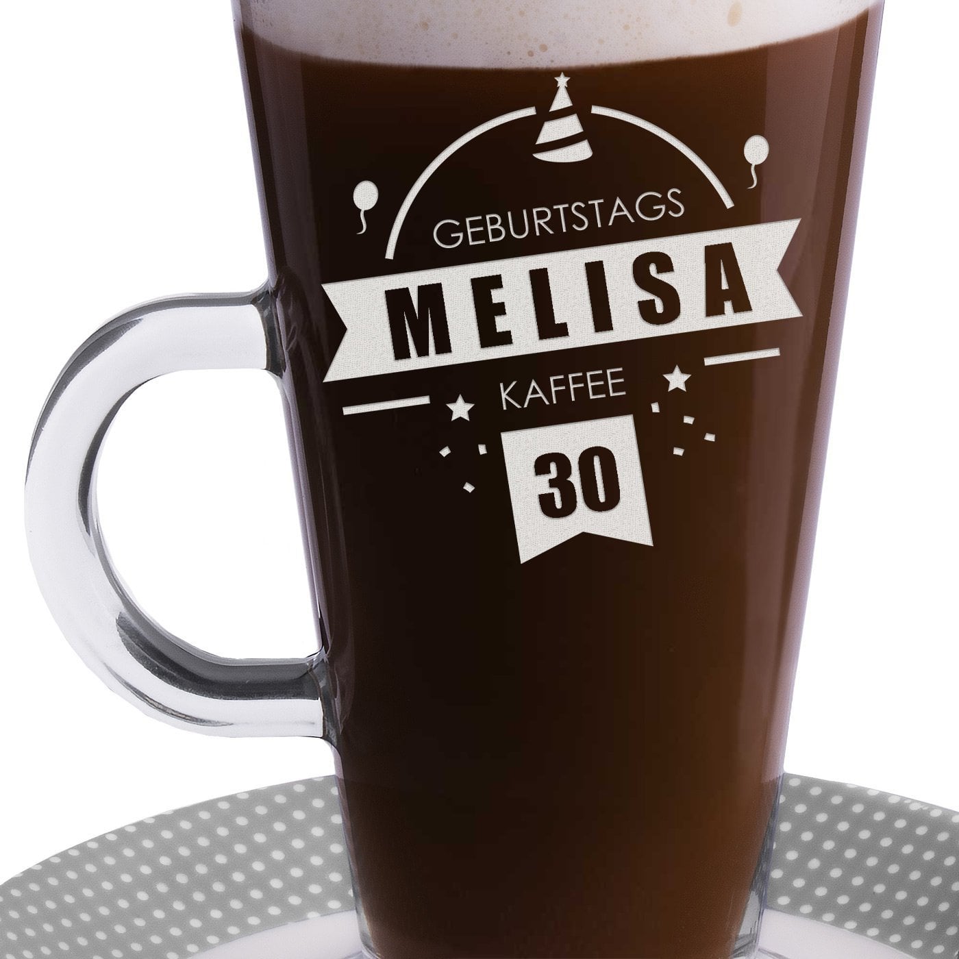 Kaffee Glas mit Gravur für sie zum 30. Geburtstag