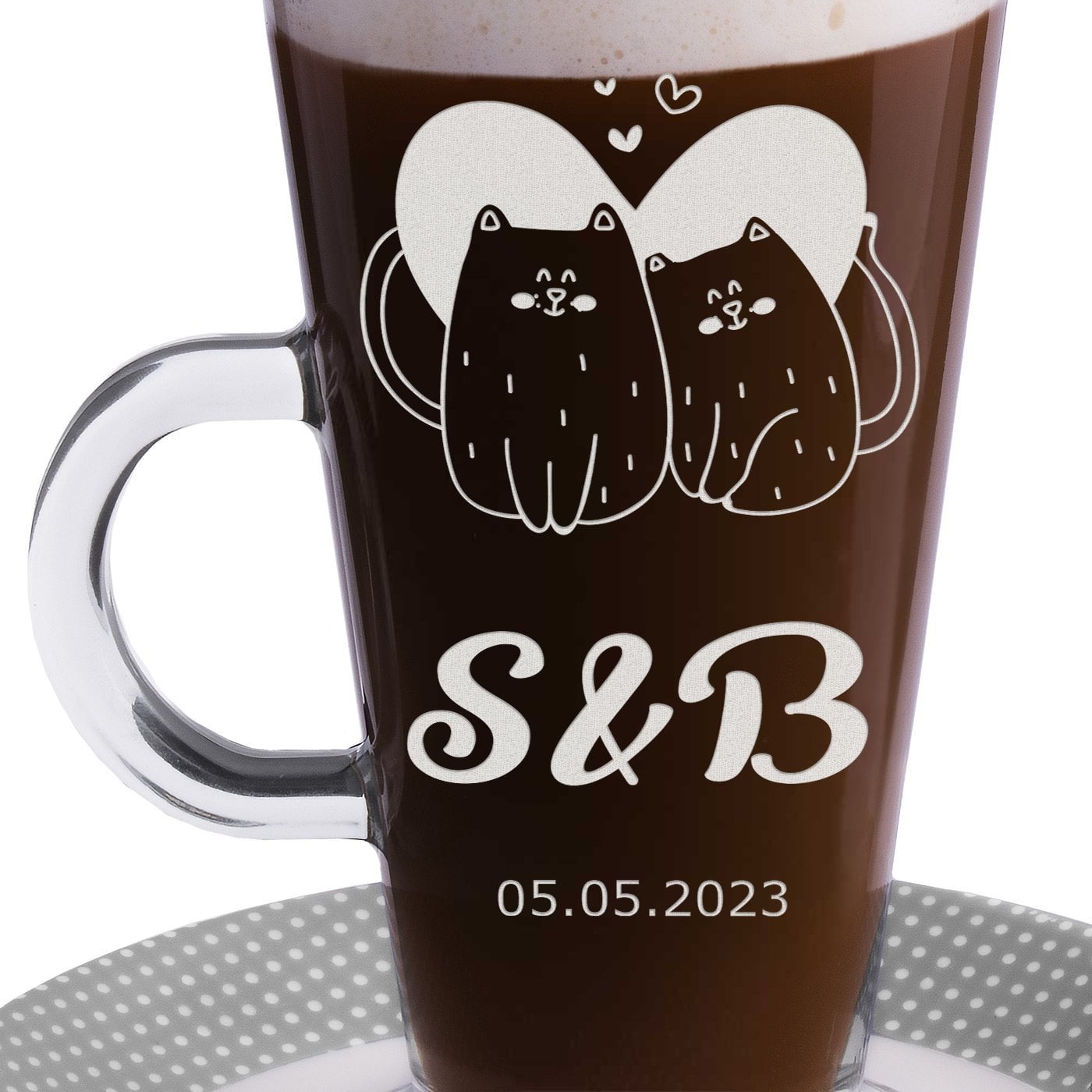 Kaffee Glas mit Gravur für eine Katzenlady, ein Paar zur Hochzeit, zum Jahrestag