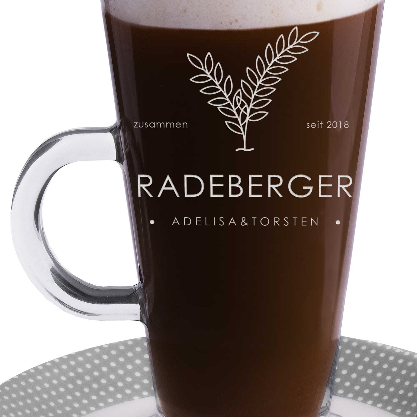 Kaffee Glas mit Gravur für ein Paar zur Hochzeit, Einweihungsfeier, zum Jahrestag