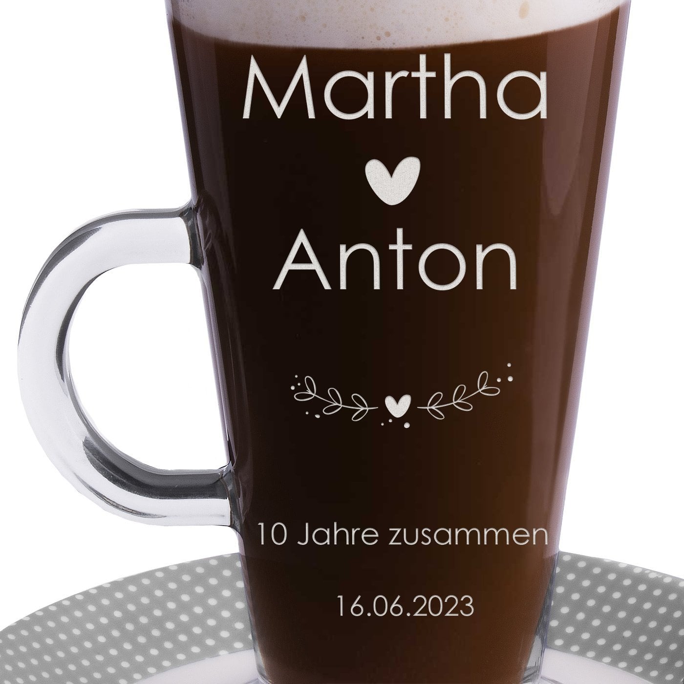 Kaffee Glas mit Gravur für ein Paar zum 10. Hochzeitstag