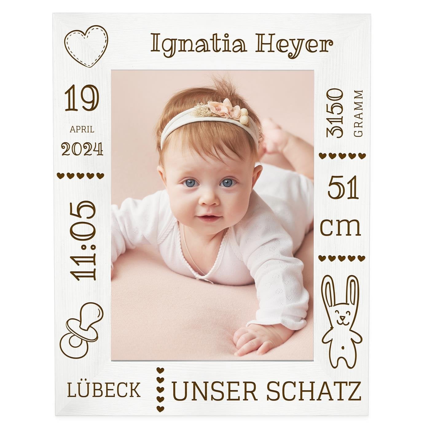 Weißer Fotorahmen mit Gravur für ein Mädchen zur Geburt