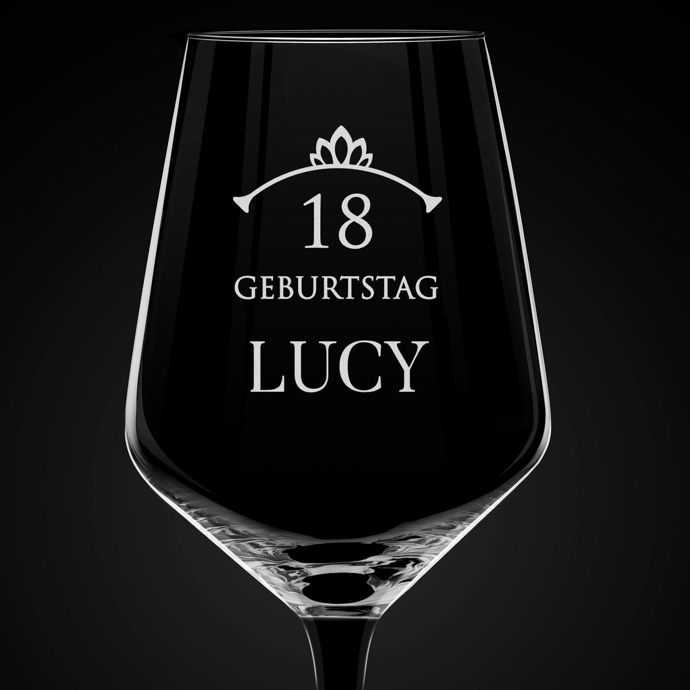 Rubin Weinglas mit Gravur und schwarzem Stiel für sie zum 18. Geburtstag