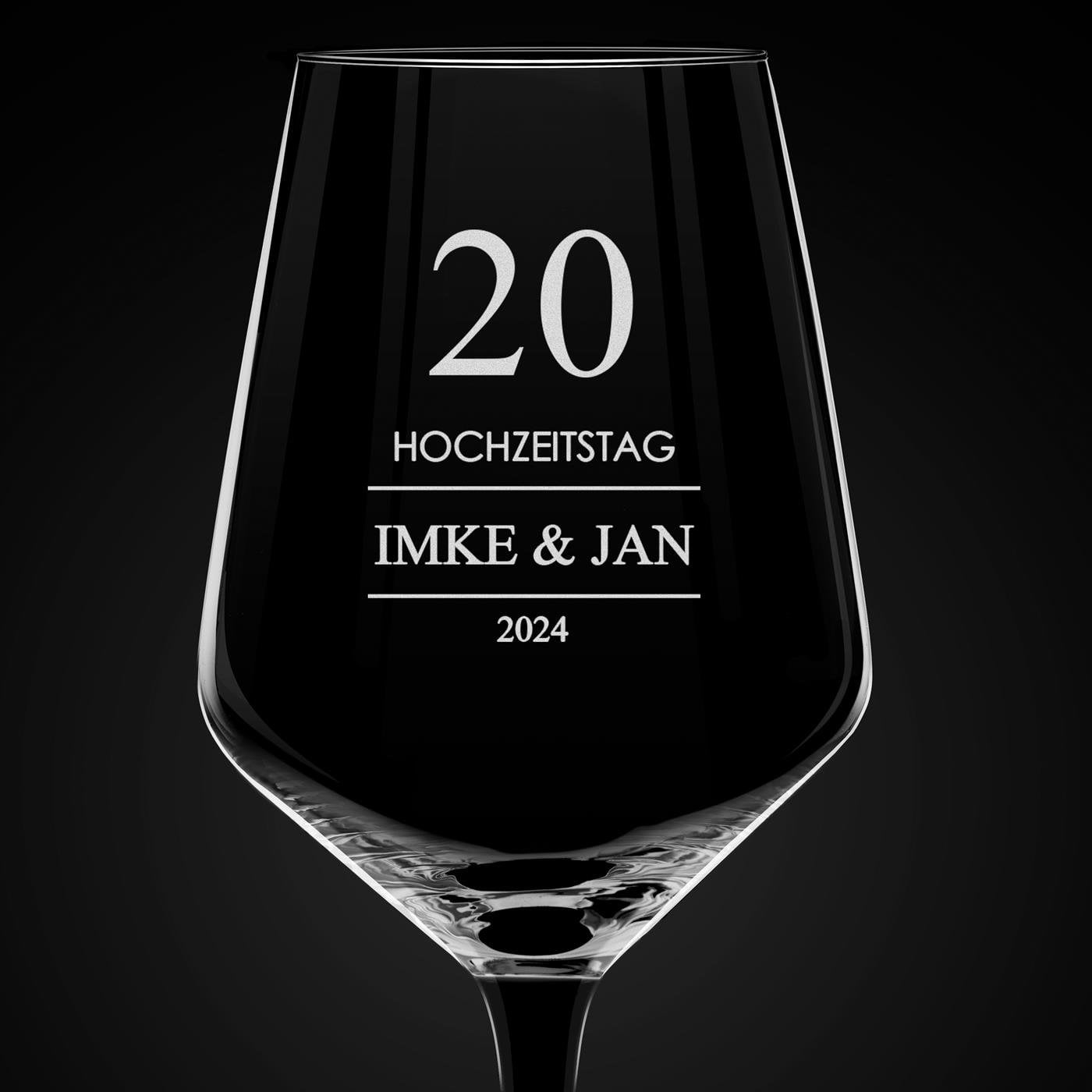 6er Rubin Weingläser Set mit Gravur und schwarzem Stiel für ein Paar zum 20. Hochzeitstag