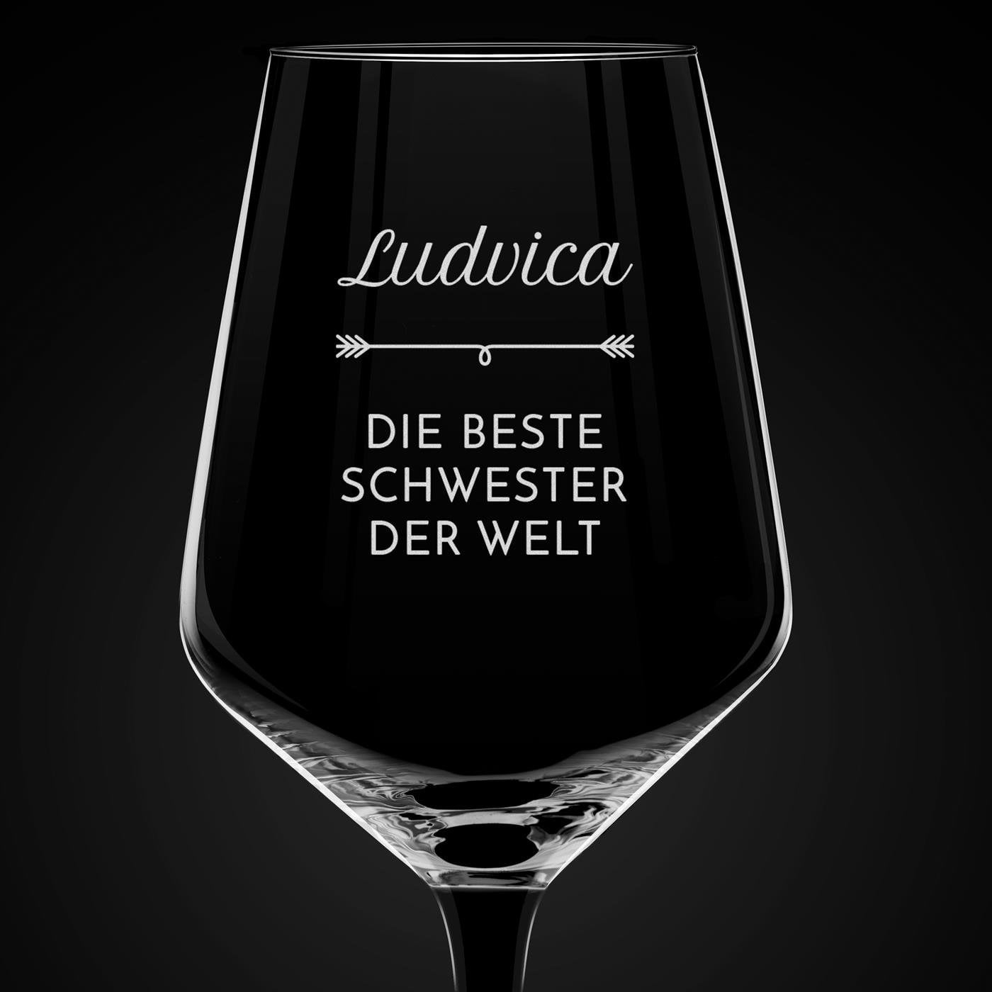 6er Rubin Weingläser Set mit Gravur und schwarzem Stiel für Ihre Schwester zum Geburtstag