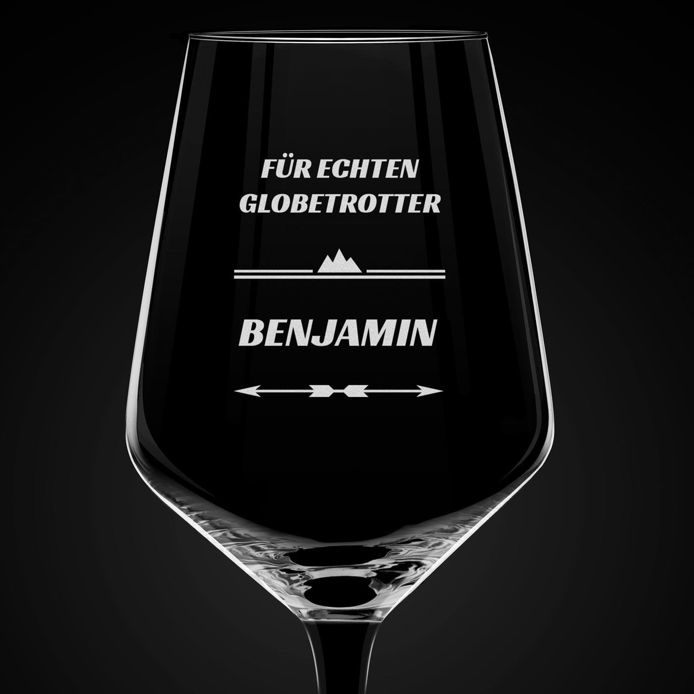 6er Rubin Weingläser Set mit Gravur und schwarzem Stiel für einen Globetrotter
