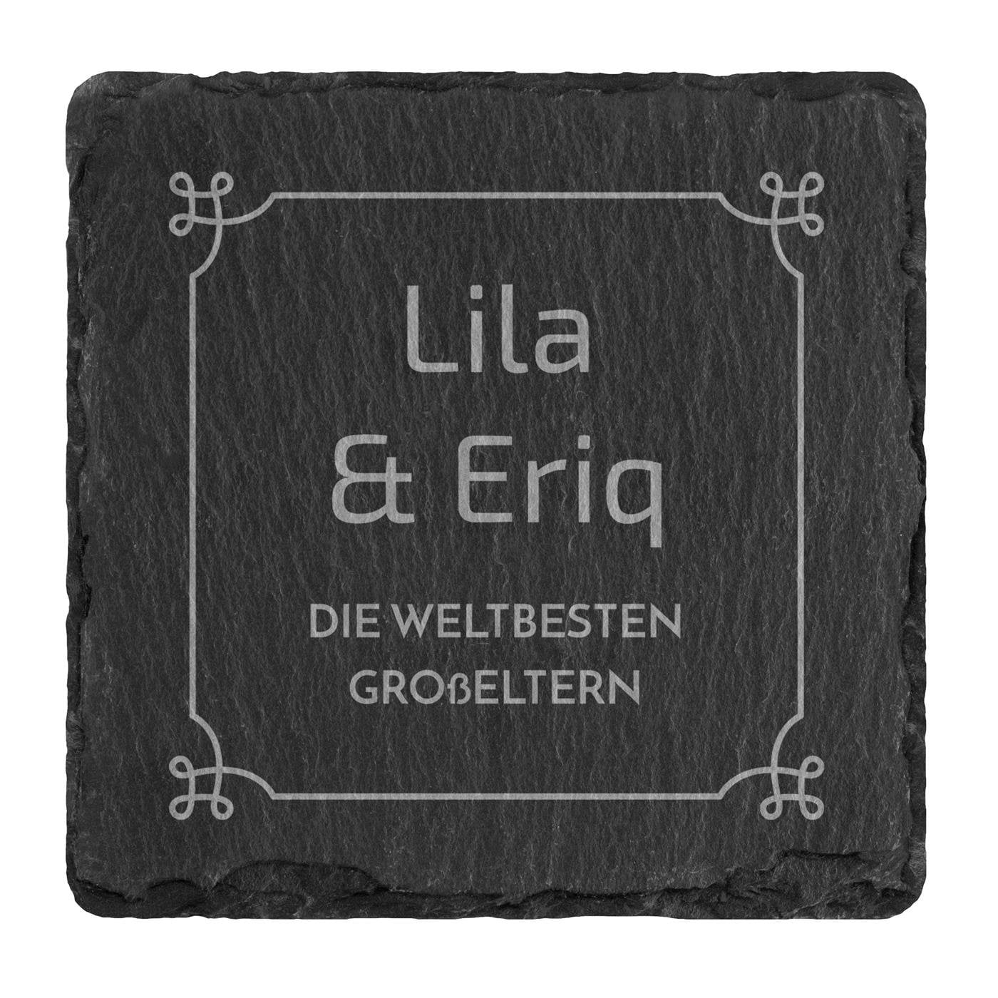 4er Schiefer Untersetzer-Set mit Metallständer und Gravur für Ihre Großeltern