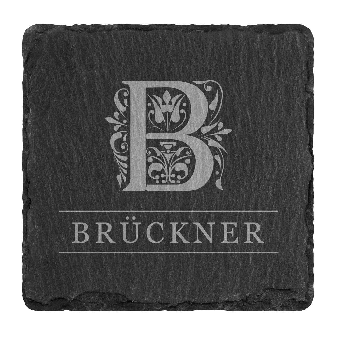 4er Schiefer Untersetzer-Set mit Metallständer und Gravur für ein Brautpaar zur Hochzeit