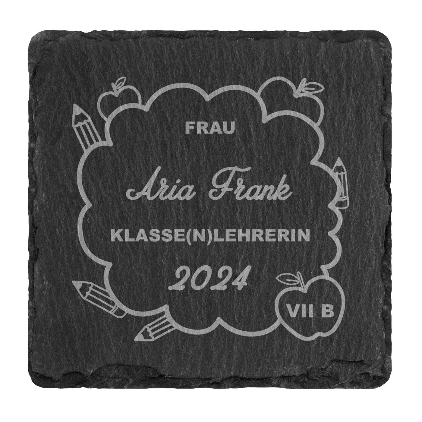 4er Schiefer Untersetzer-Set mit Metallständer und Gravur für Ihre Klassenlehrerin Erzieherin